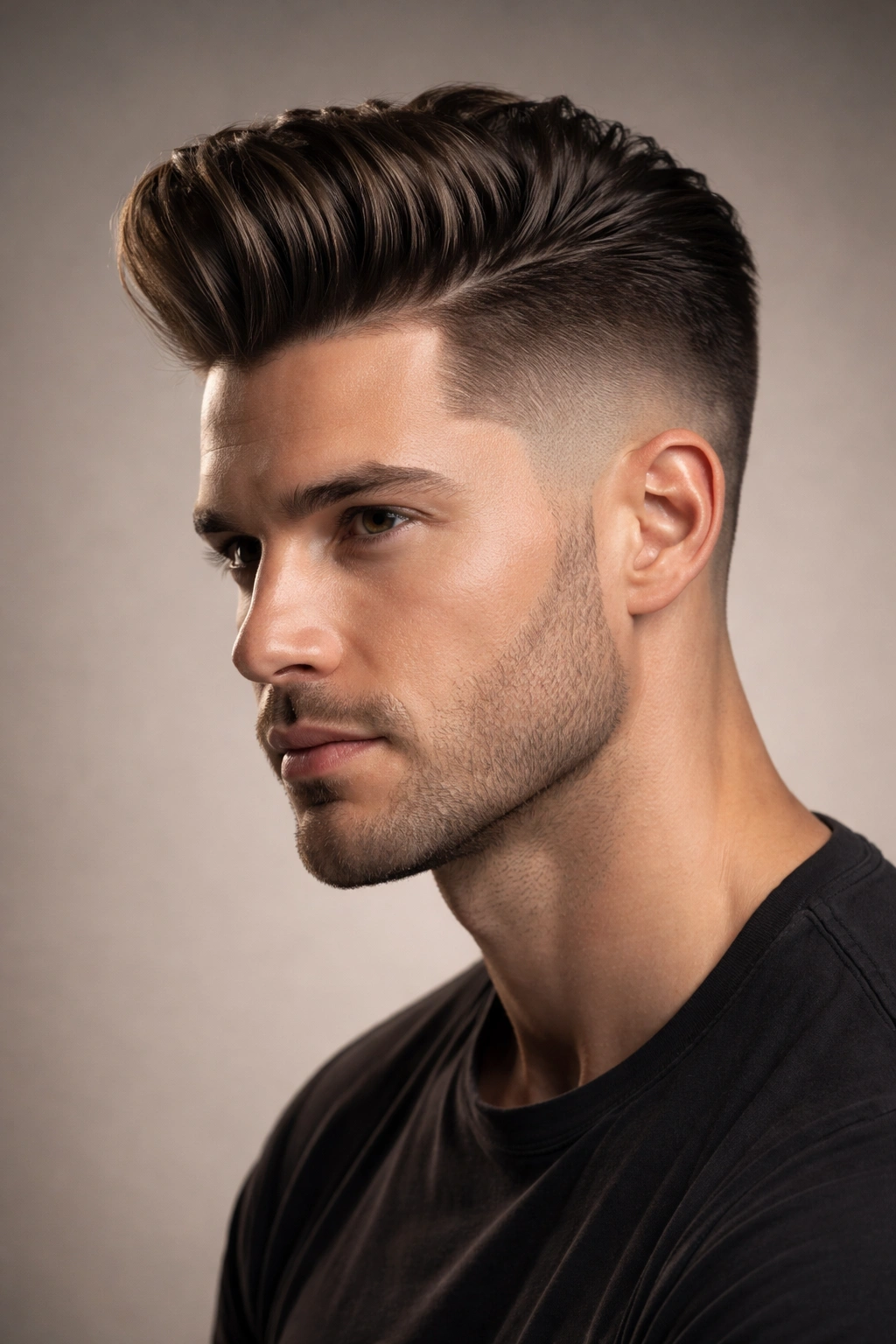 Close-up of a man with a mid fade pompadour, tall top and temple fade.