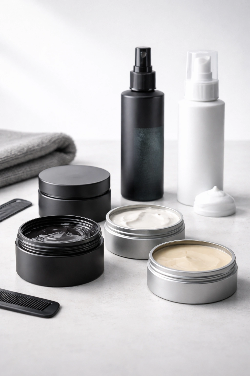 Unlabeled pompadour styling products displayed on a clean surface.