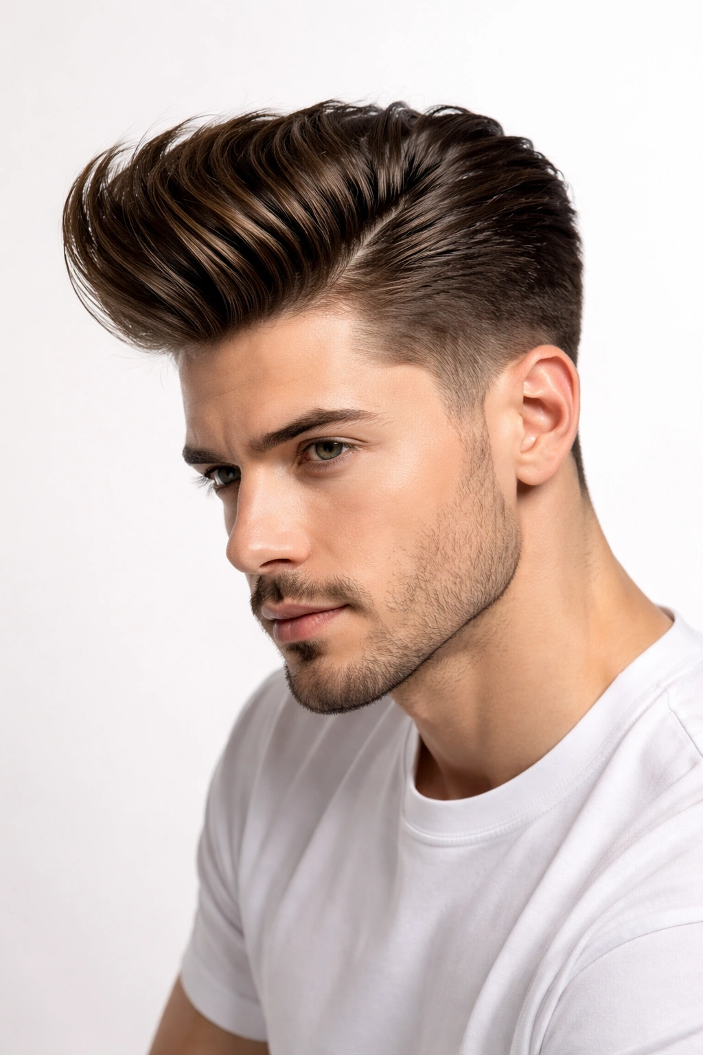 Male model with forward-then-back pompadour quiff featuring pronounced front lift.