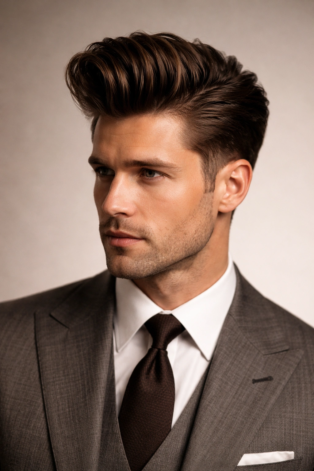 Portrait of a man with textured pompadour quiff