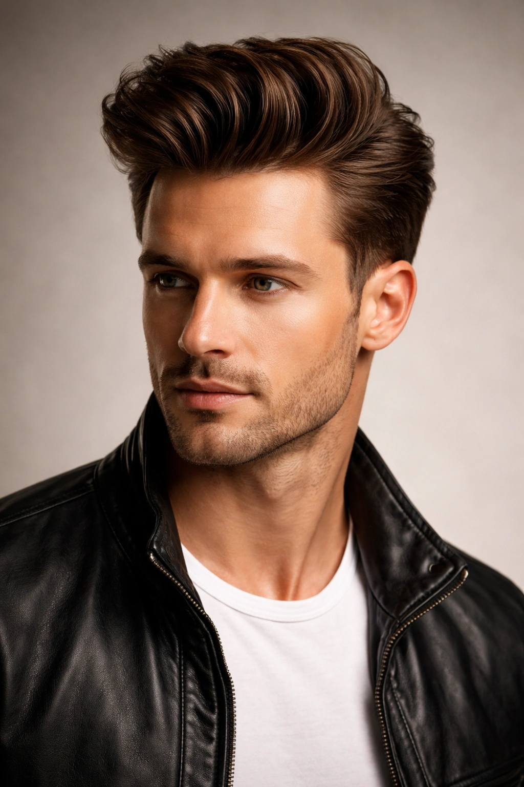 Portrait of a person with a voluminous pompadour and quiff