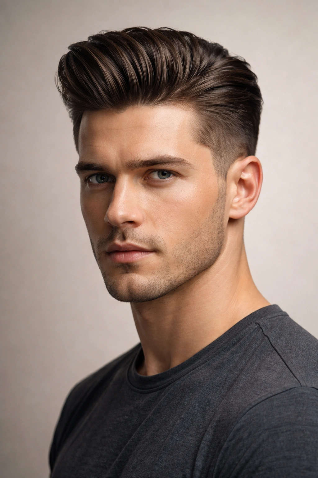 Portrait of a man with a subdued pompadour in Russian style.