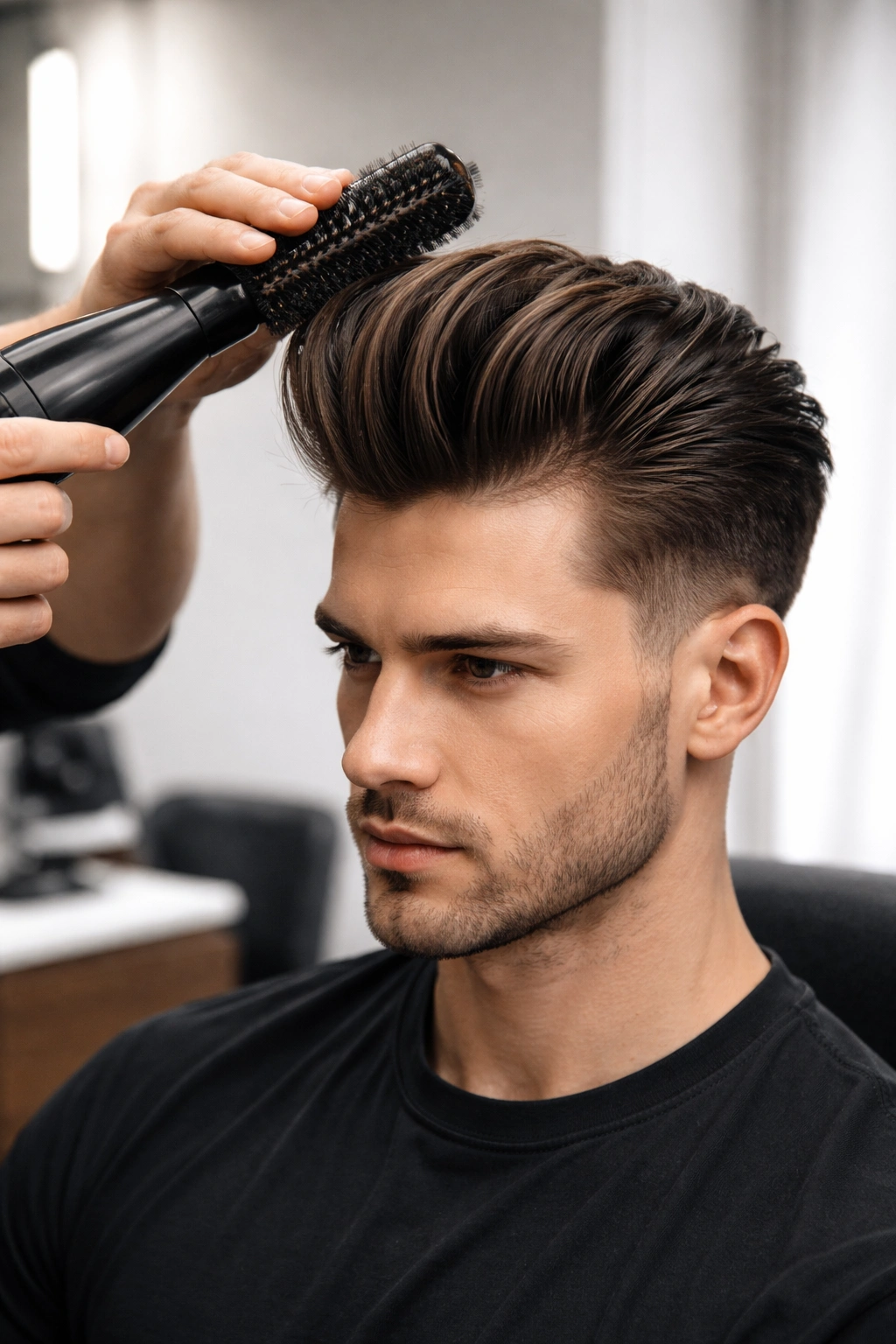 Male model with a high pompadour being styled in a professional studio.