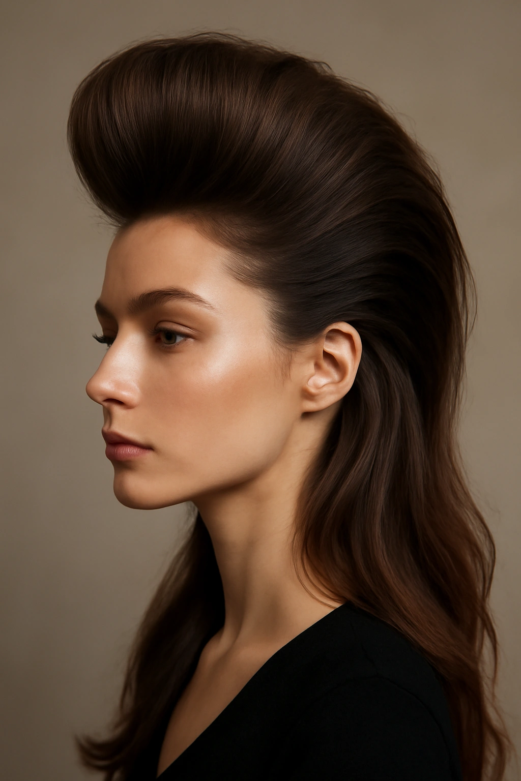 10 Pompadour Hairstyles for Women With Longer Hair 1 Close-up of a classic tall pompadour with high crown volume.