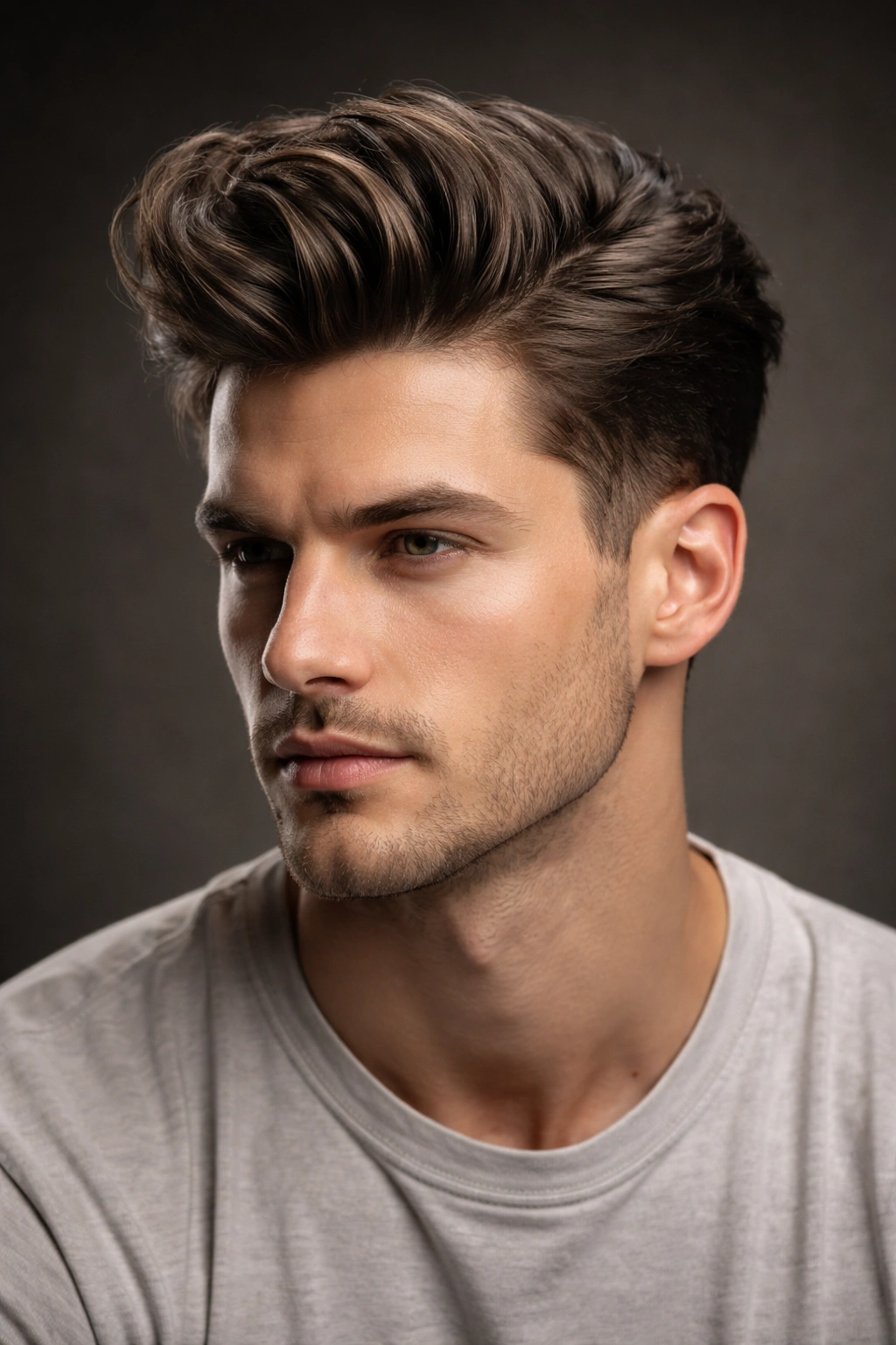 Head with a textured pompadour showing natural movement and matte finish.