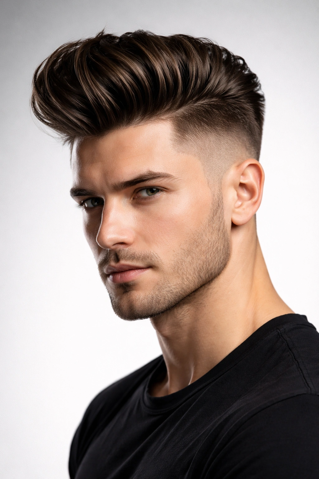 Pompadour with undercut hairstyle showing a strong top and disconnected sides