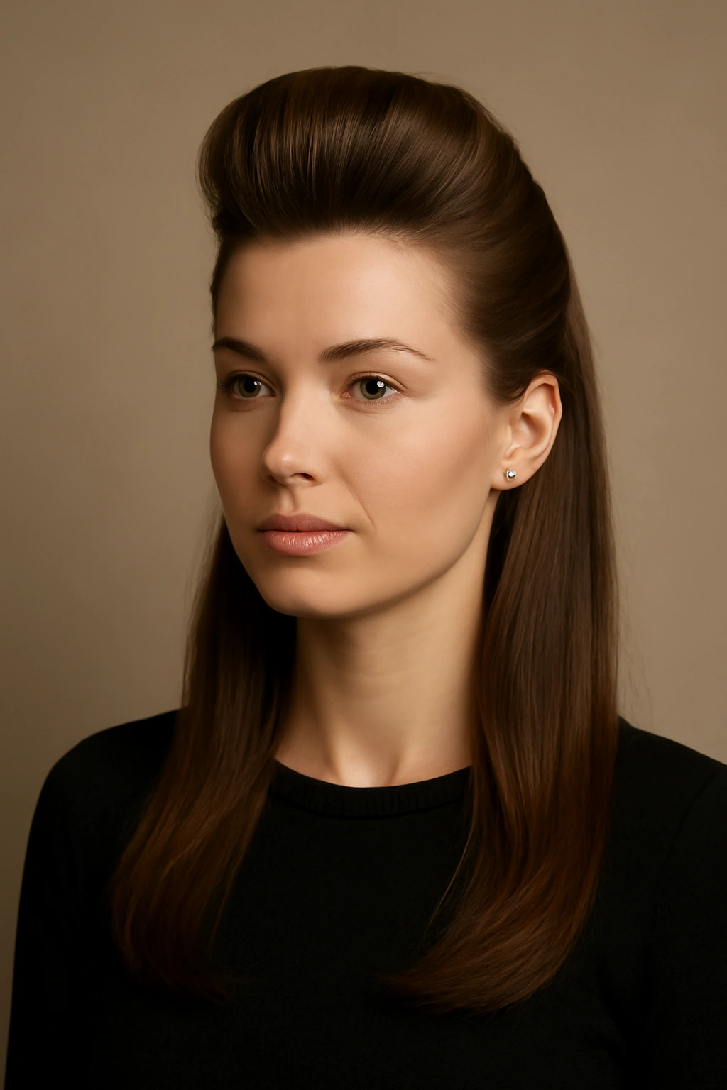 10 Pompadour Hairstyles for Women With Longer Hair 11 Studio portrait of a classic pompadour hairstyle in a calm, versatile look