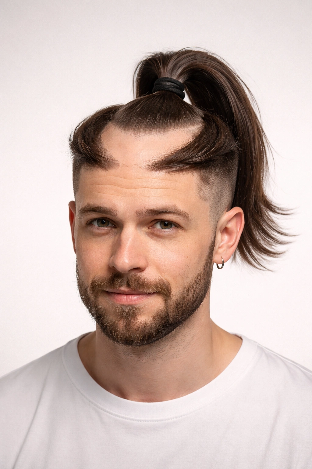 Frontal view of pony hat illusion hairstyle with horseshoe crown