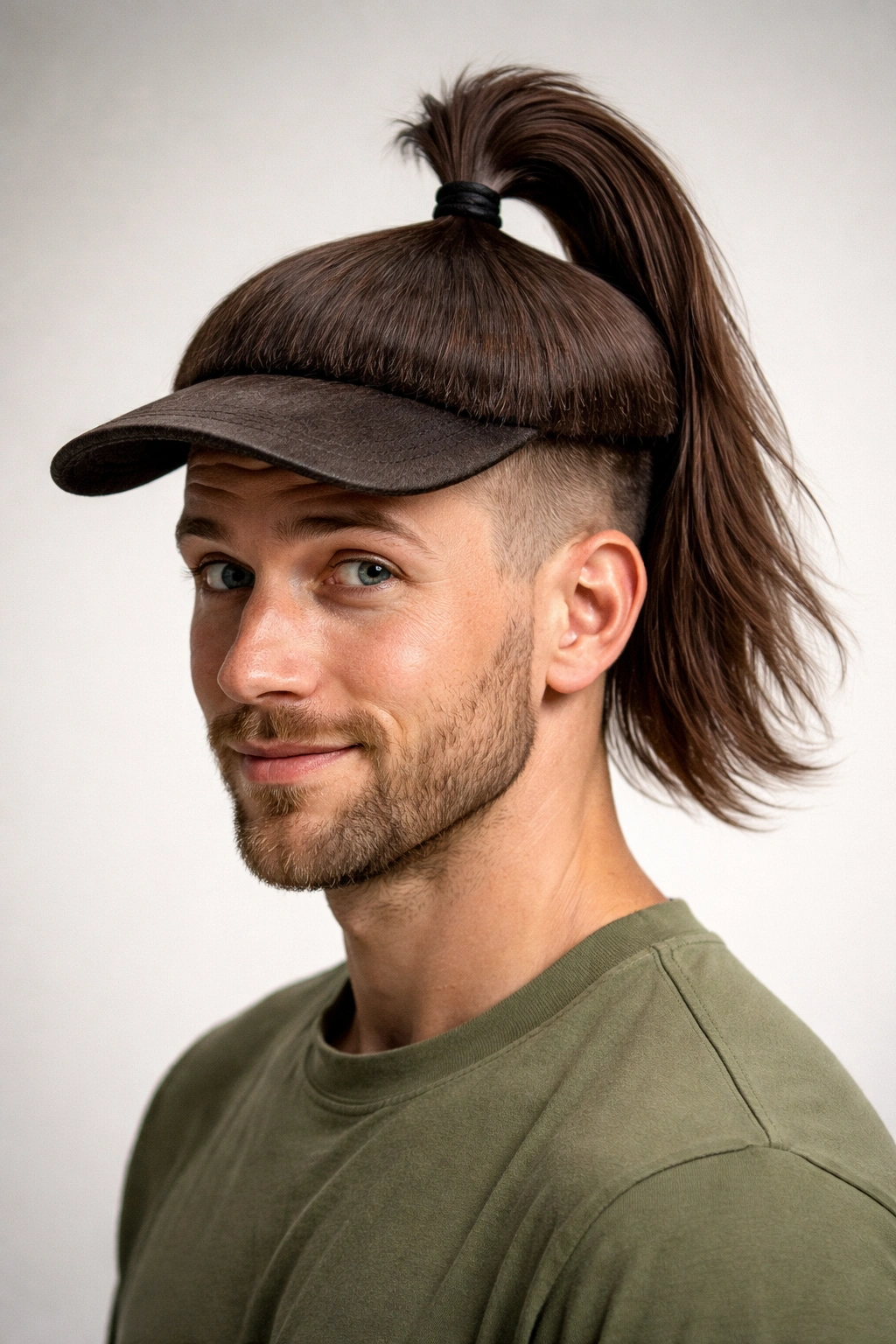 Under-cut with horseshoe crown of hair tied into ponytail forming a hat silhouette.