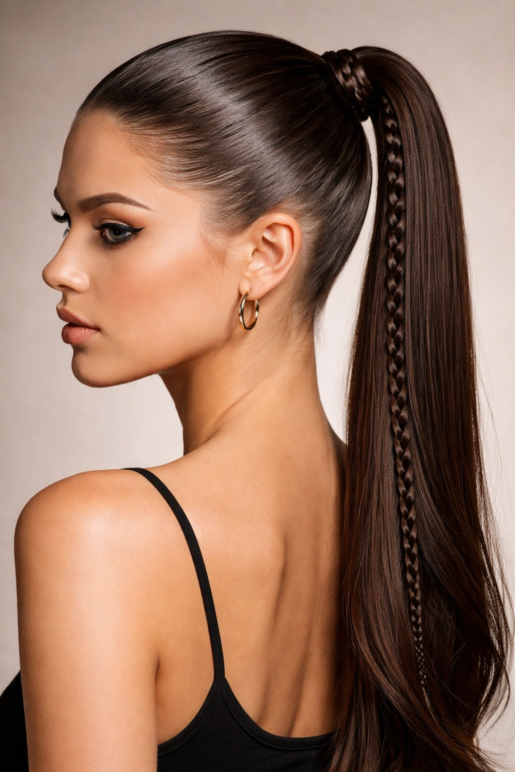 25 Slick Back Ponytail Styles for a Chic, Polished Look 5 Slicked ponytail with a narrow braid accent along the base