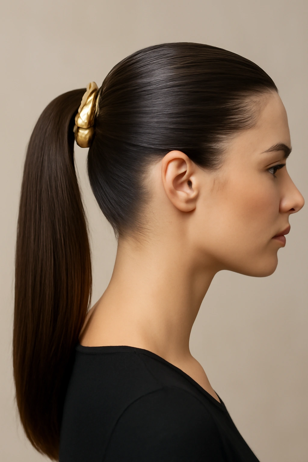 15 Ponytail Hairstyles for Work and Nights Out 13 Close-up of a sleek high ponytail with a metallic claw clip at the base, studio lighting.
