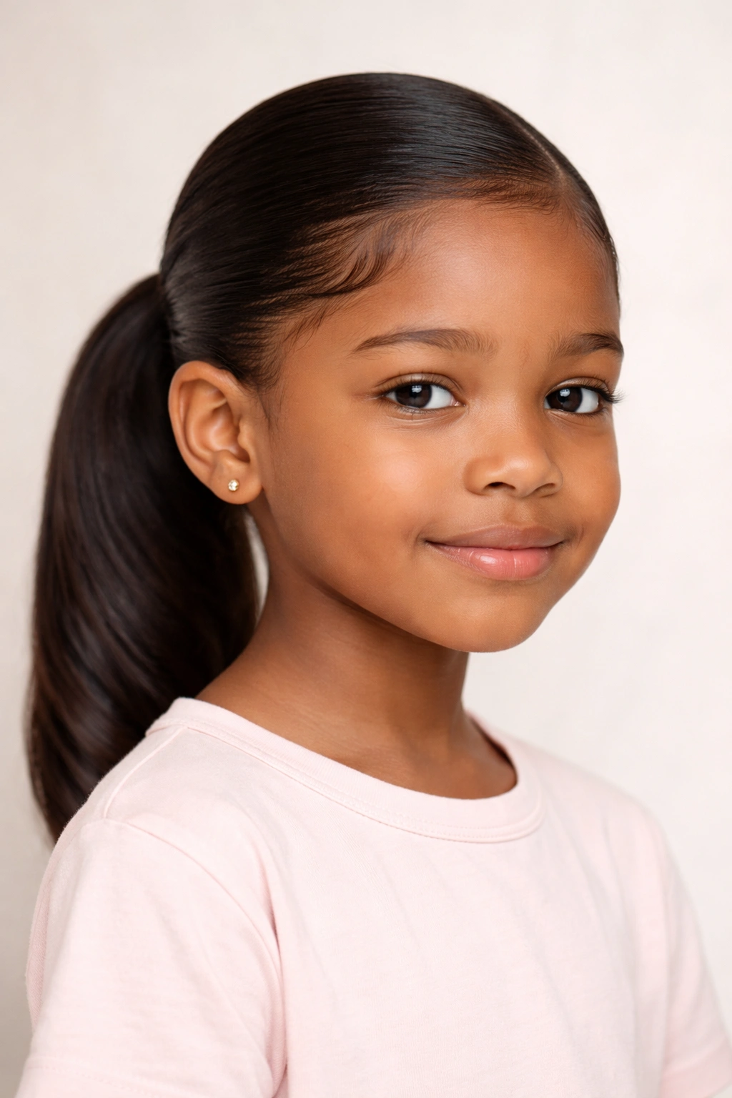 Close-up of a child with a neat low ponytail