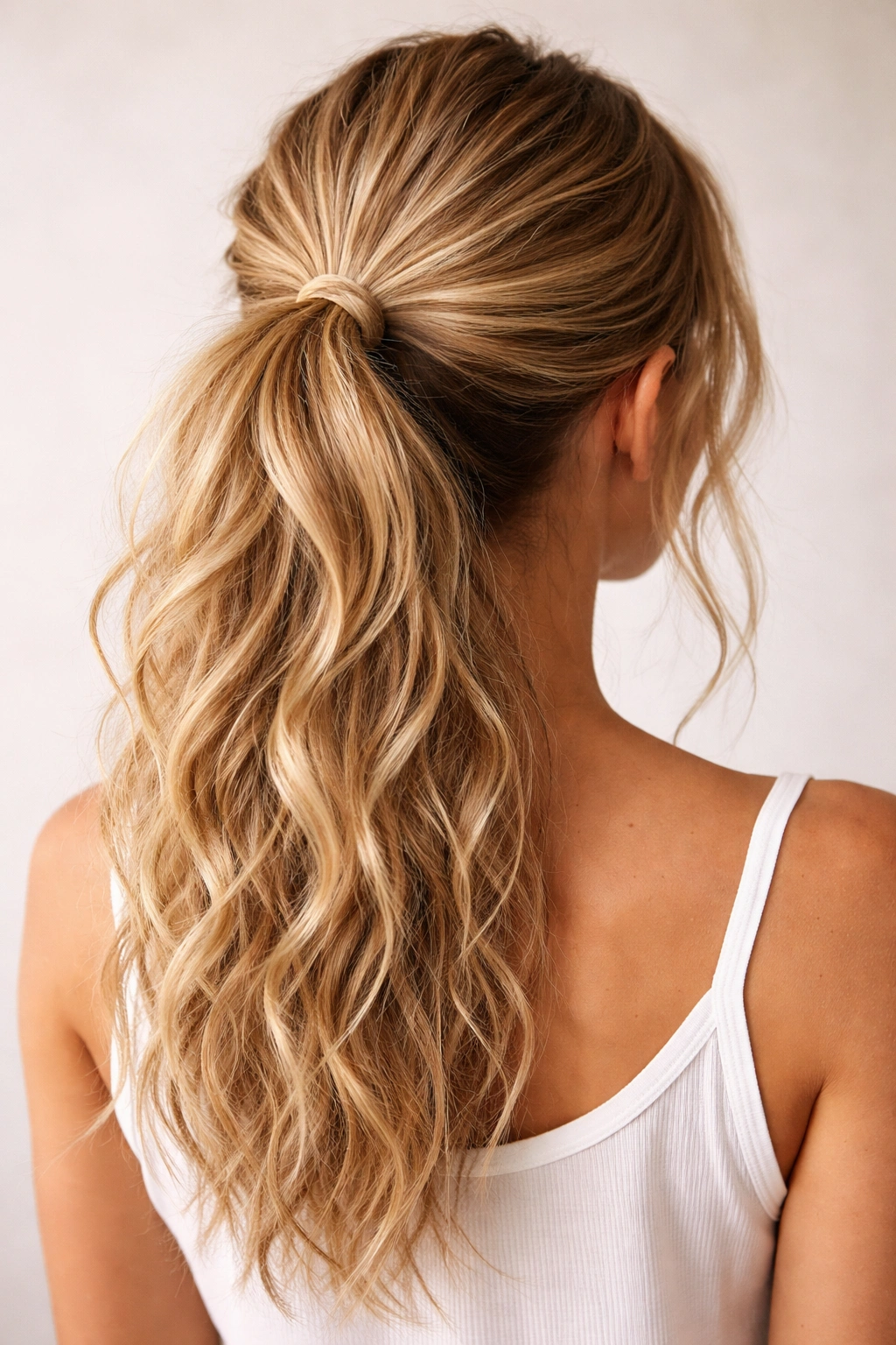 Back view of mid-level ponytail with beachy texture
