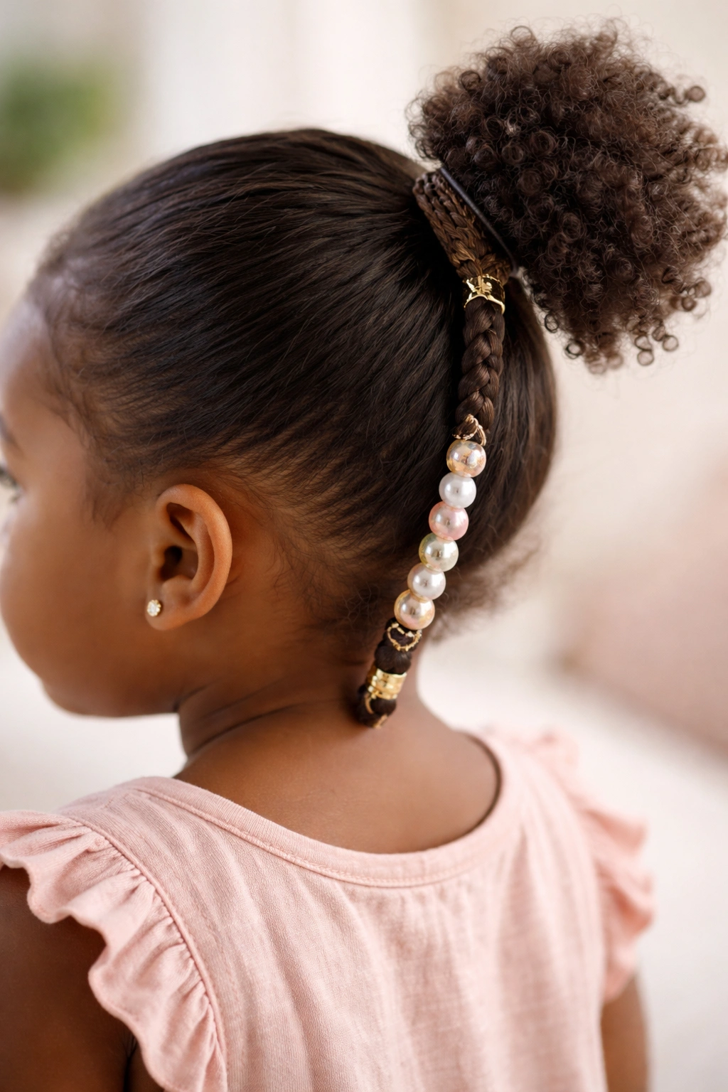 Close-up of ponytail wrapped with beaded braid