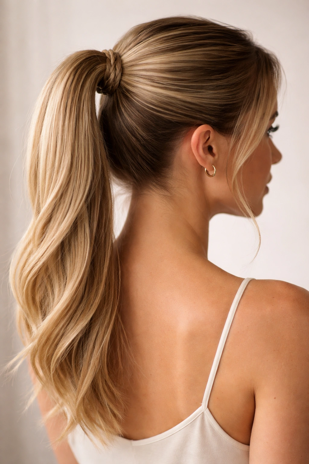 Ponytail wrapped with a slender braid around the base