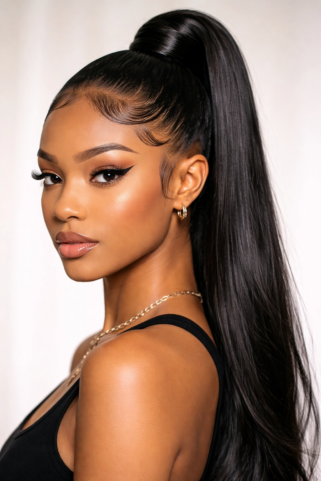 Close-up of Sleek High Ponytail with Laid Edges featuring glossy hair and precise edge styling