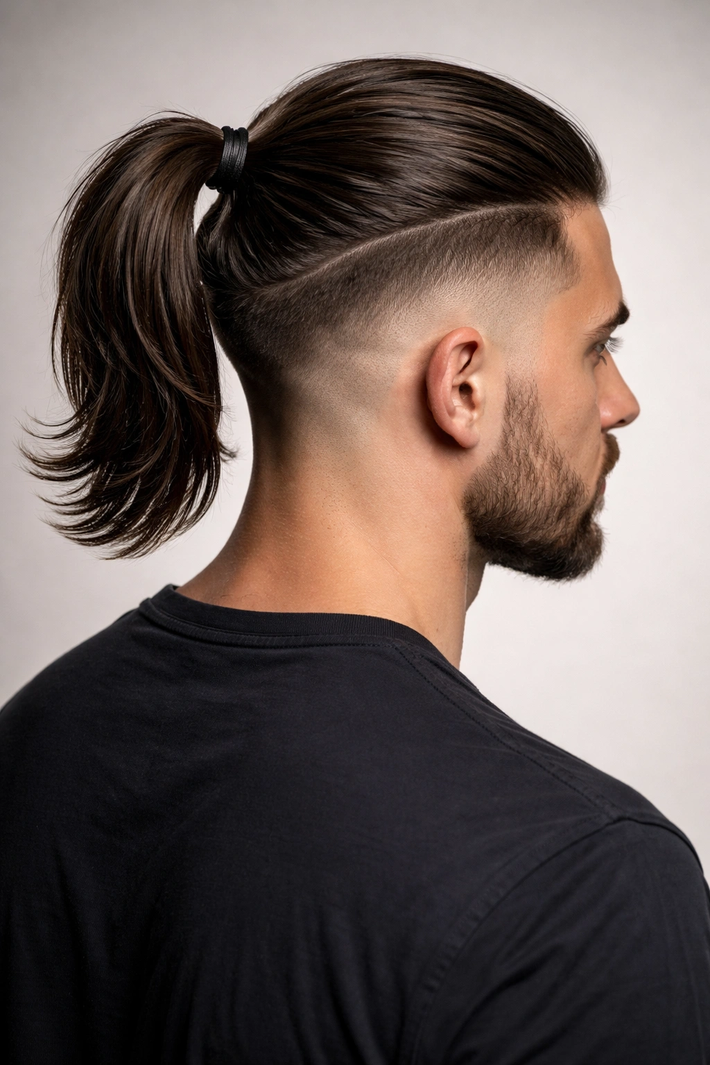 Close-up side/back view of a ponytail with a tapered fade, highlighting top vs faded sides