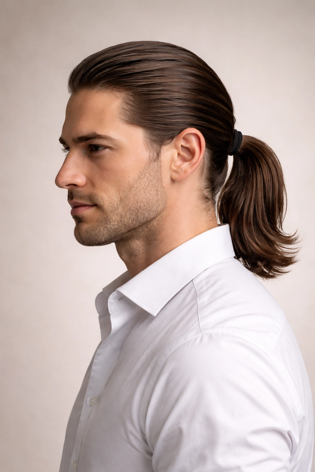 Person with a neat low ponytail in a clean studio portrait