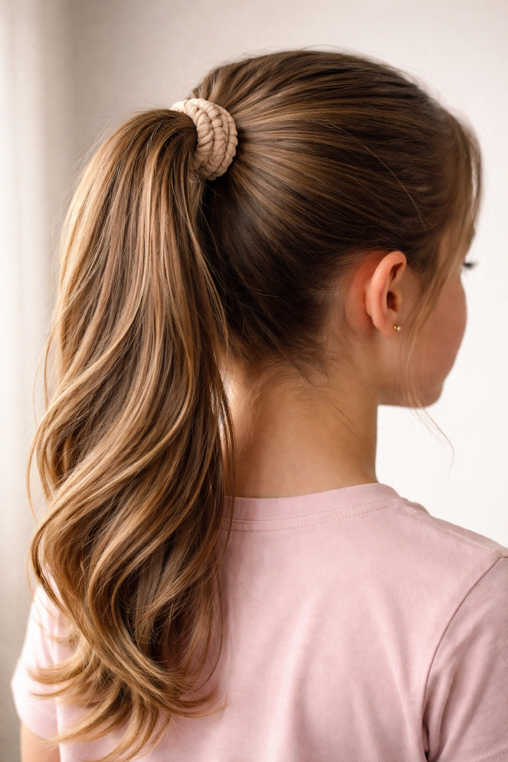 Neat ponytail hairstyle shown on a head with a neutral background.