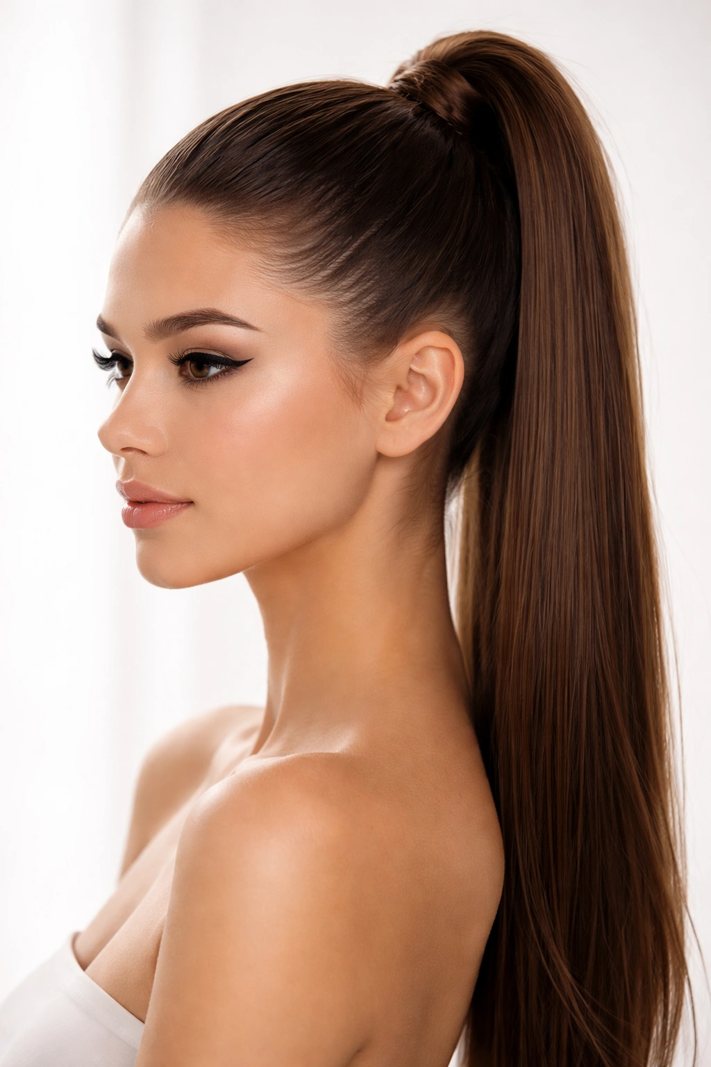 High crown ponytail with glossy, lifted hair at the crown