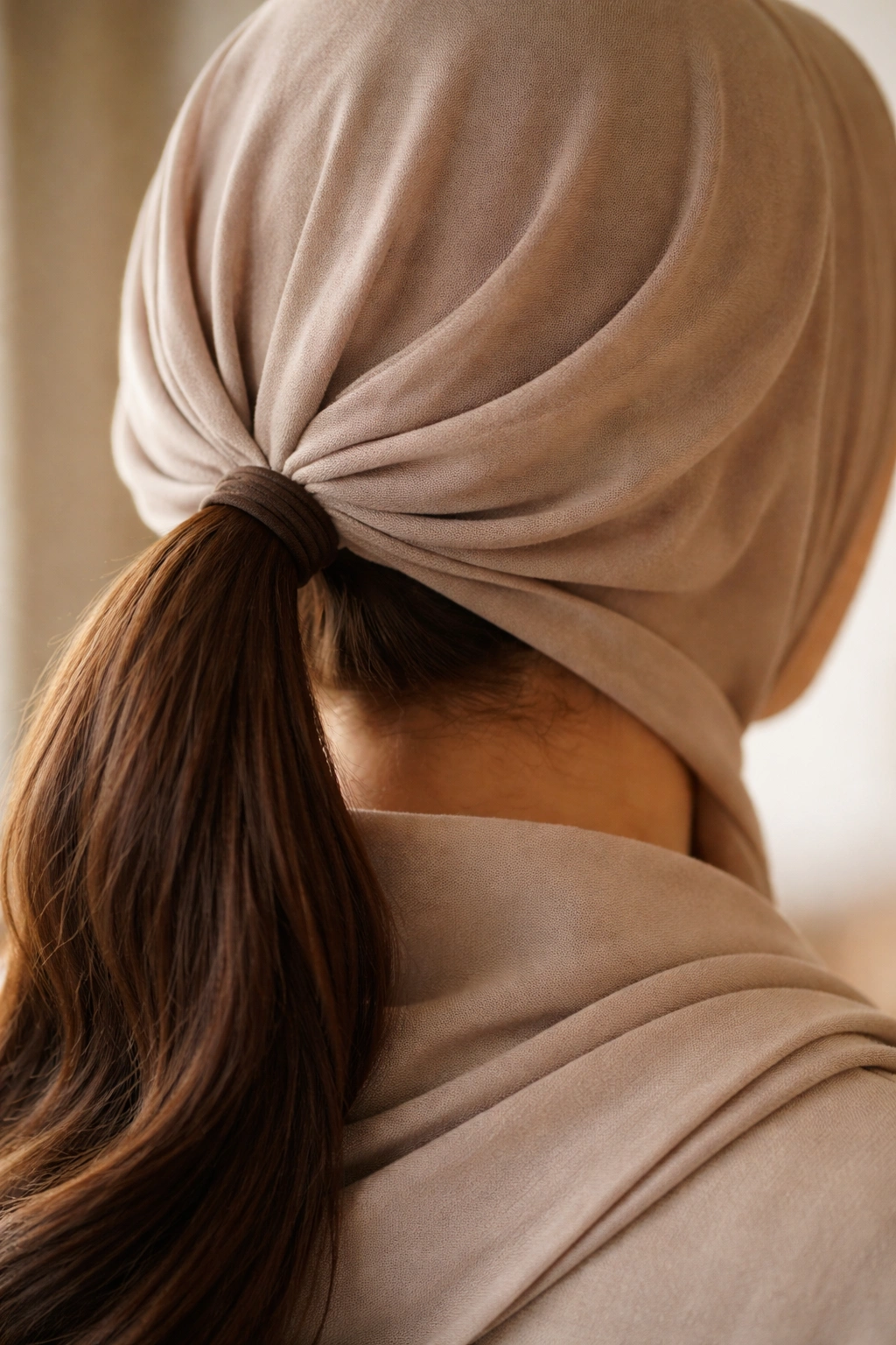 Close-up of a low ponytail at the nape with hijab showing comfort without pressure
