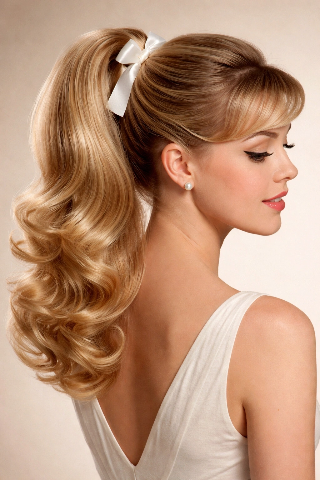 Close-up of a 1950s high ponytail with curled ends, horsetail hairstyle