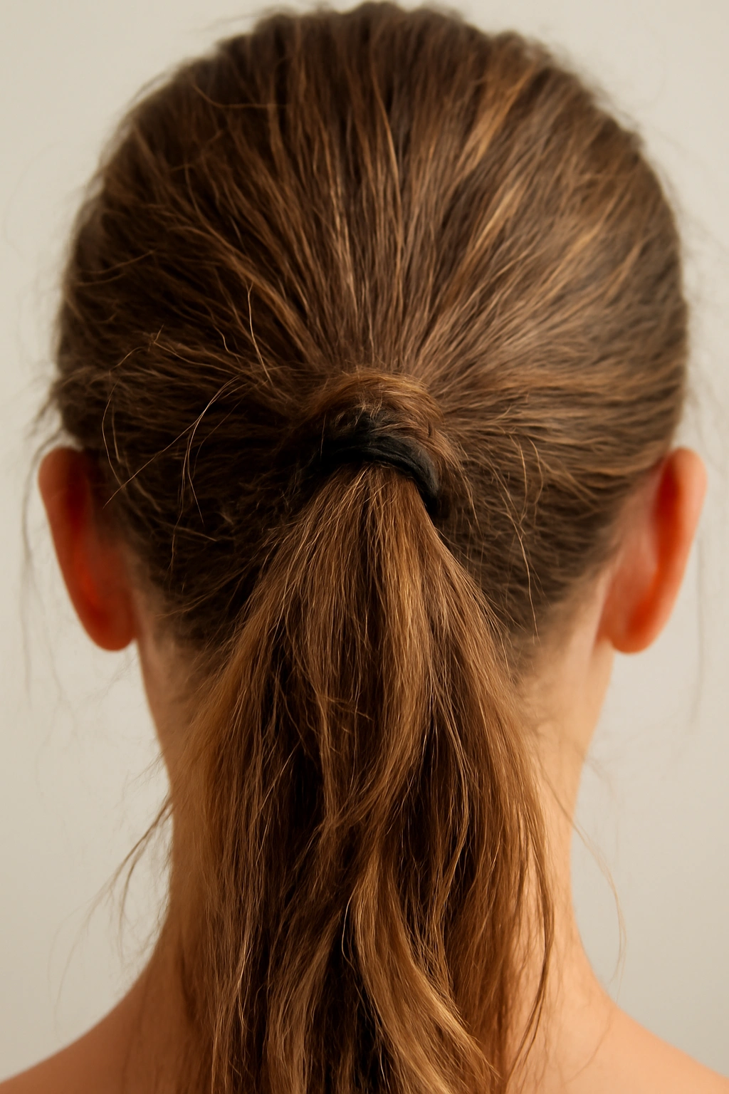 8 Easy Ponytail Hairstyles That Keep Up With Kids 9 Close-up of a ponytail showing tangled hair, a tight crease from a thick elastic, and stray flyaways