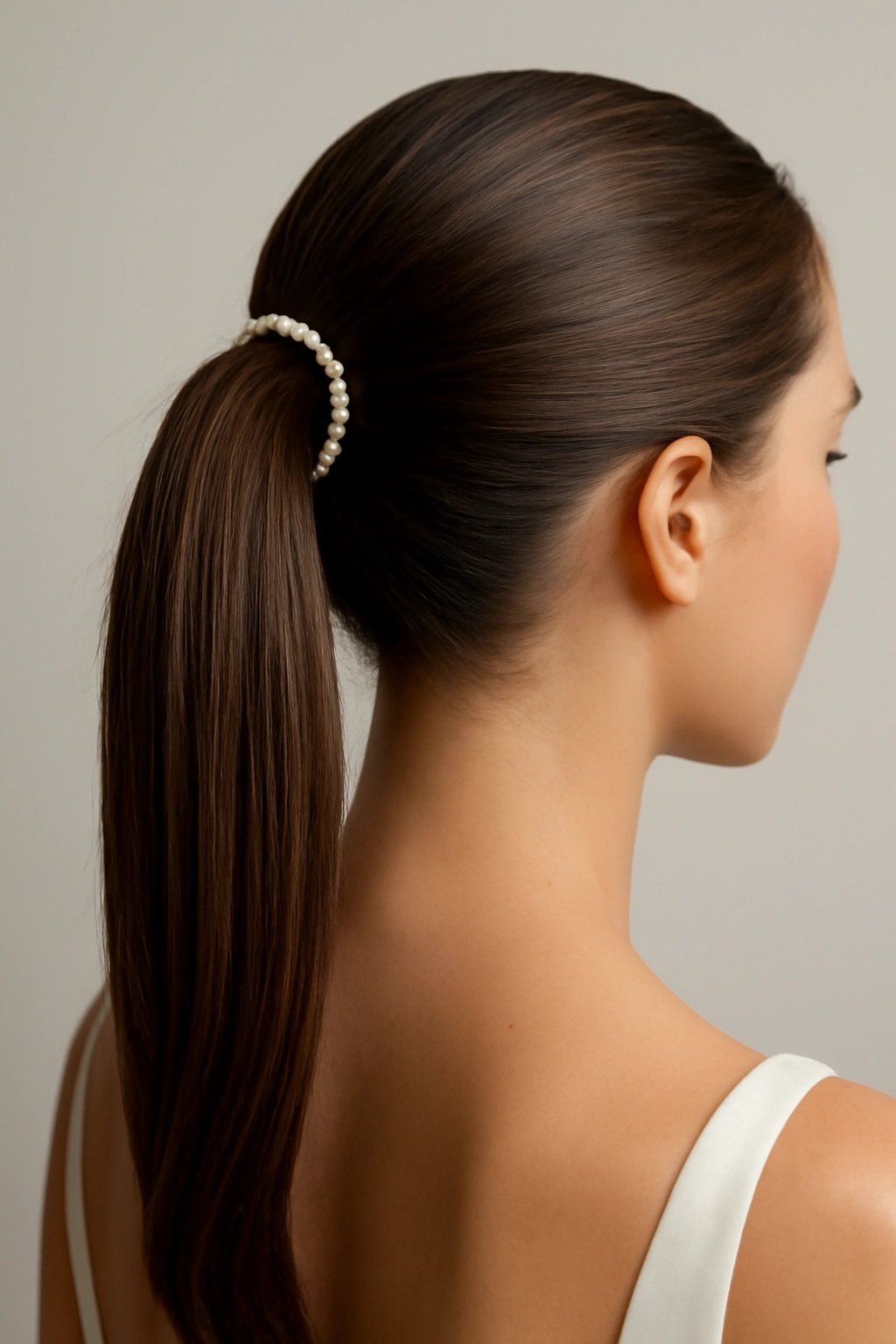 Close-up of a sleek bridal ponytail with a pearl strand woven through