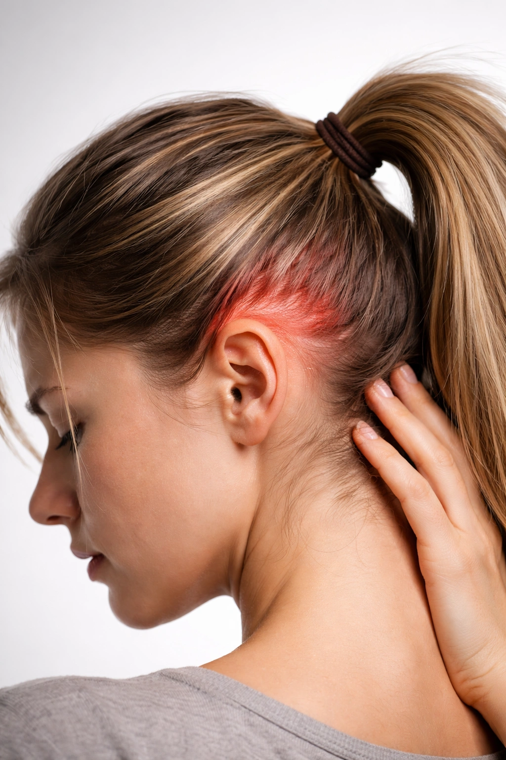 Scalp under tight ponytail showing tension on follicles