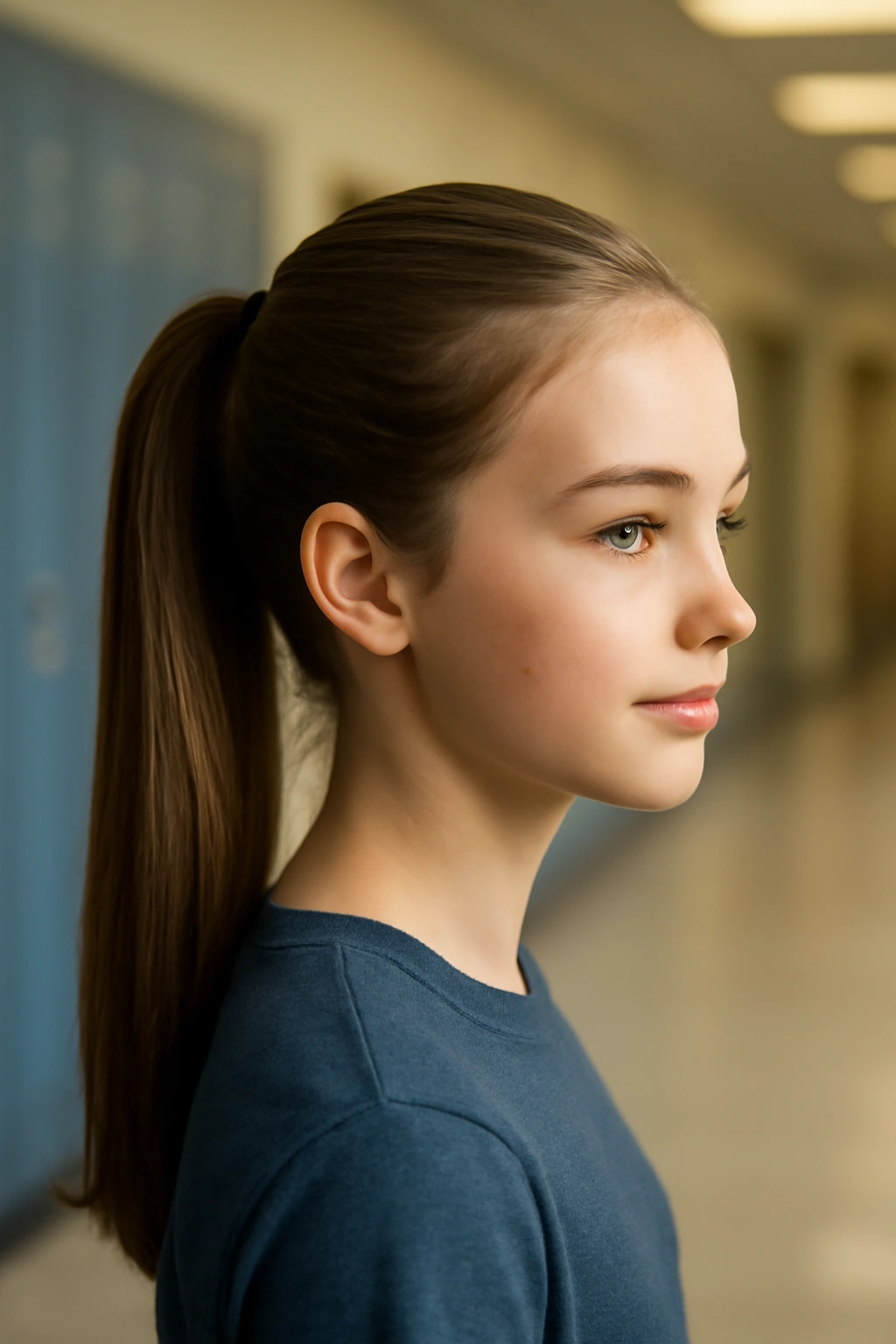 10 Quick School Morning Hairstyles for Busy Girls 1 Close-up of a neat high ponytail on a young girl in a bright hallway
