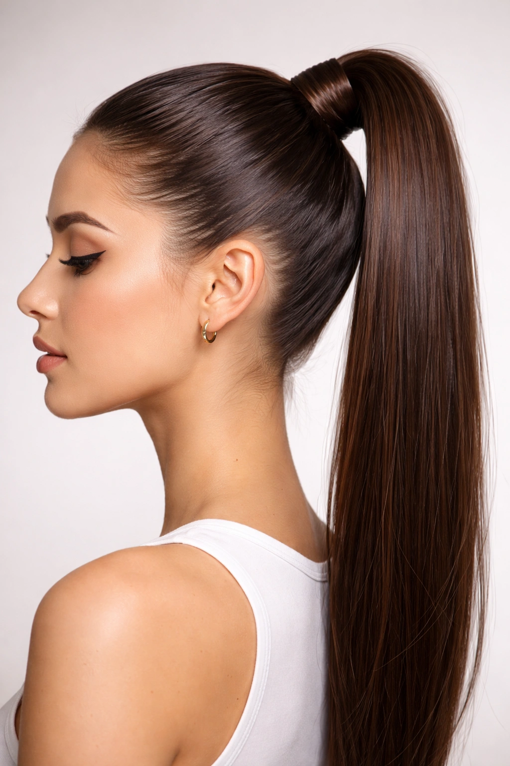 Sleek high ponytail with wrapped strand around the elastic