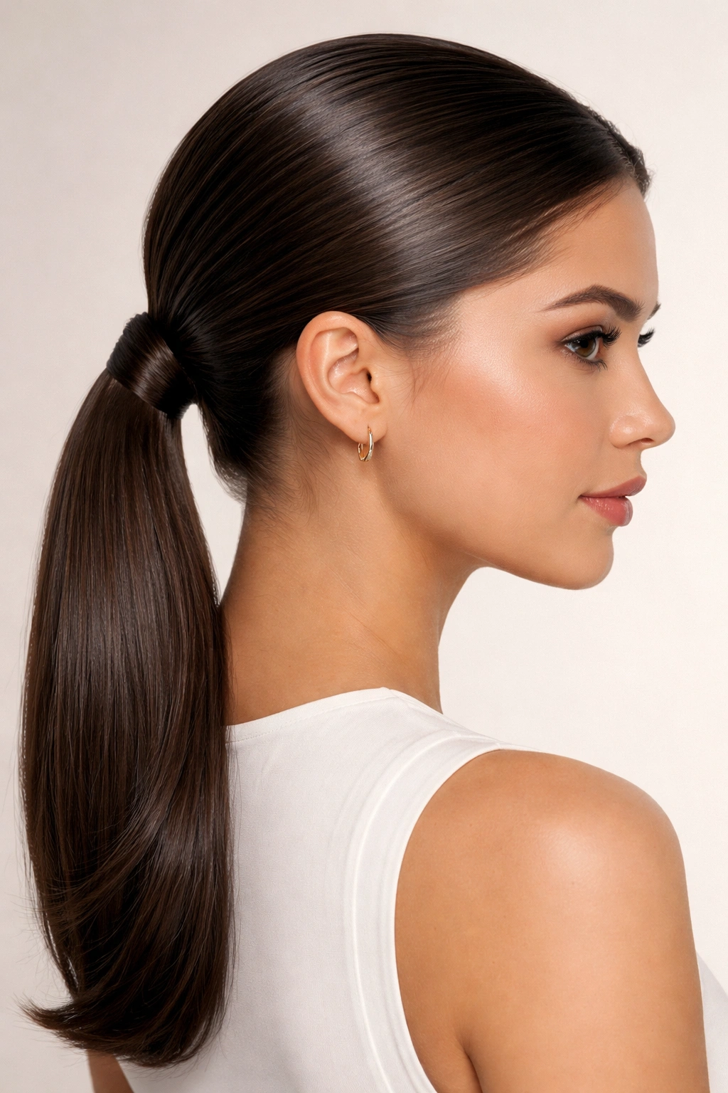 Close-up of glossy low ponytail at the nape with smooth, sleek hair
