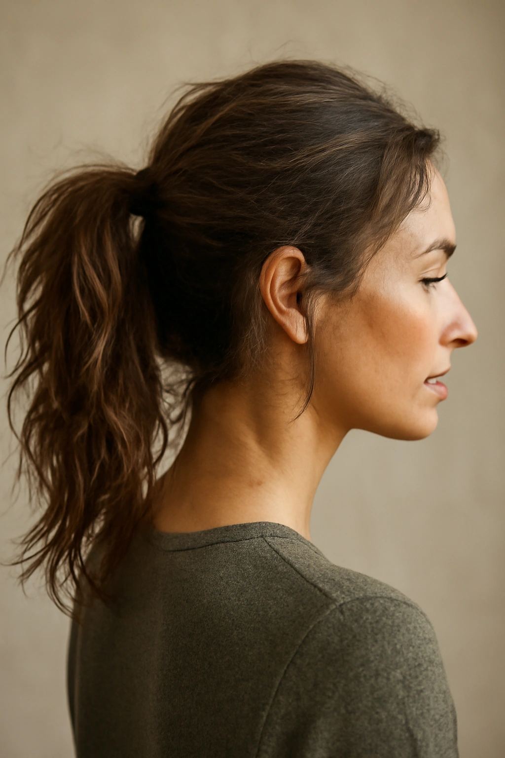 10 Helmet-Friendly Hairstyles That Stay Looking Good 7 Close-up of a tousled ponytail with textured strands created by texturizing spray