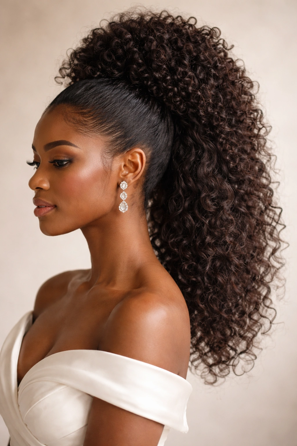 Close-up of a Black woman wearing a textured high ponytail with a voluminous crown