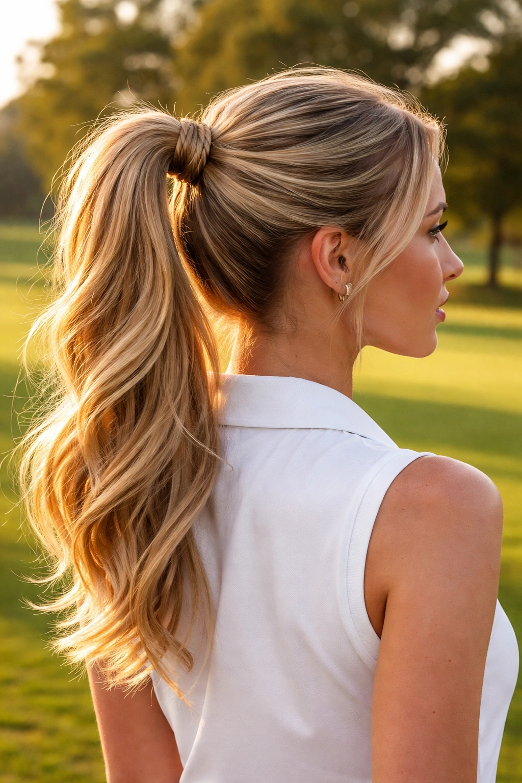 Close-up of a high ponytail with a twisted wrap on a golfer on a sunny golf course