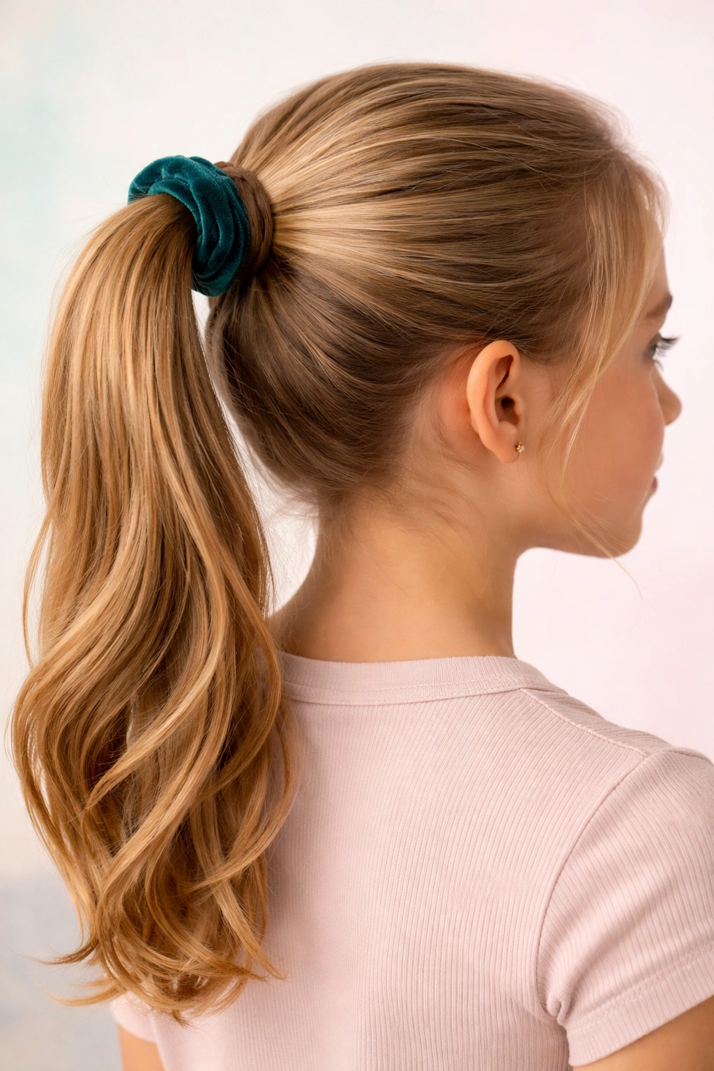 Close-up of a ponytail with a twist and velvet scrunchie in a soft studio setting