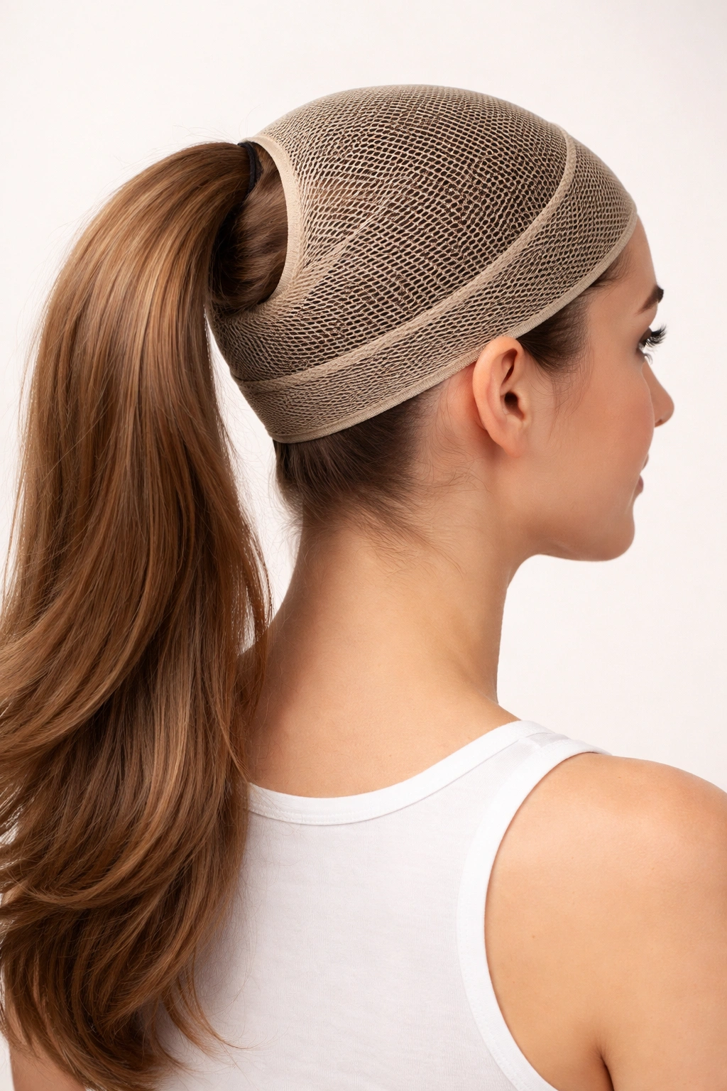 Side view of a low ponytail at the nape looped over the head