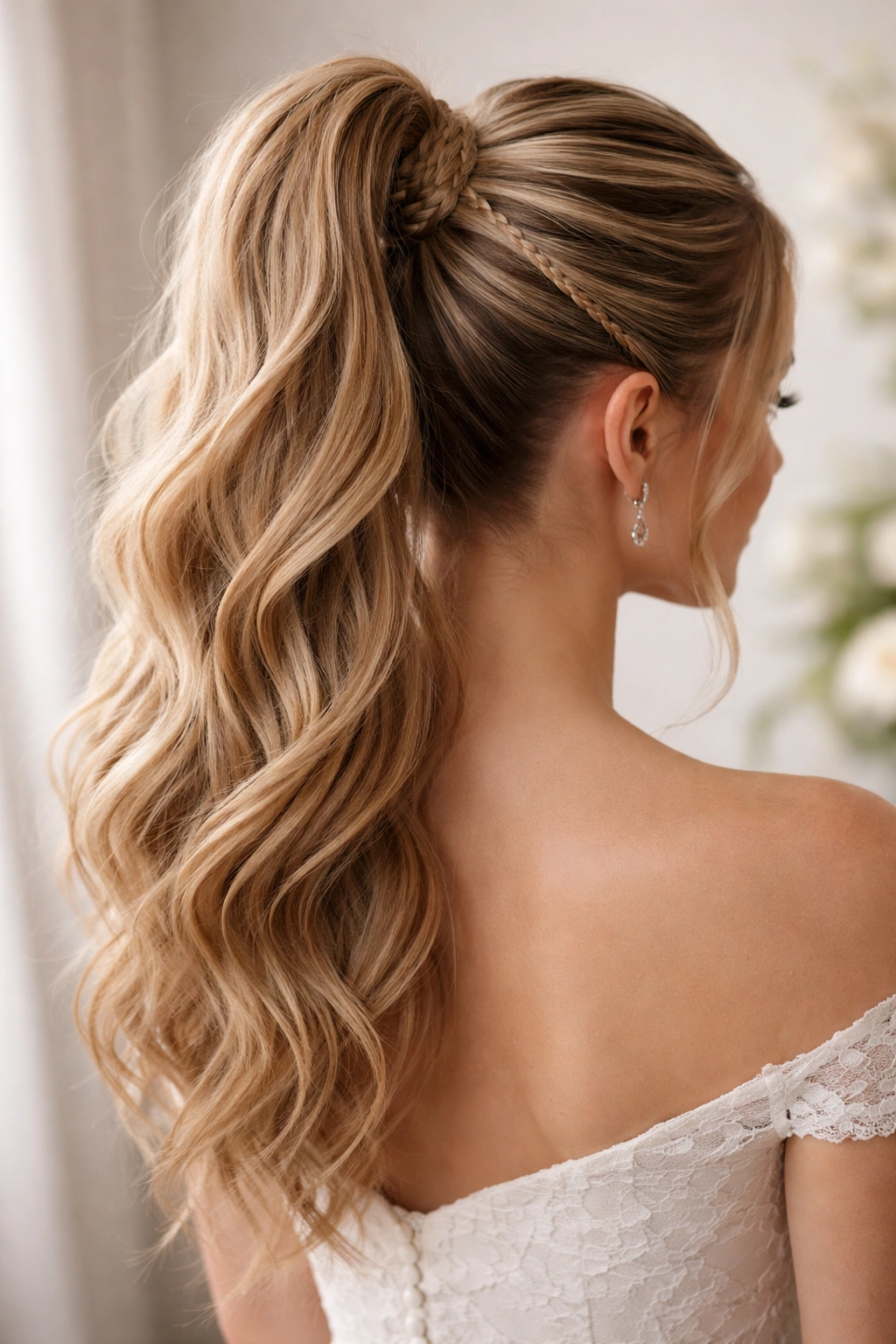 High ponytail with woven sections wrapped around the base