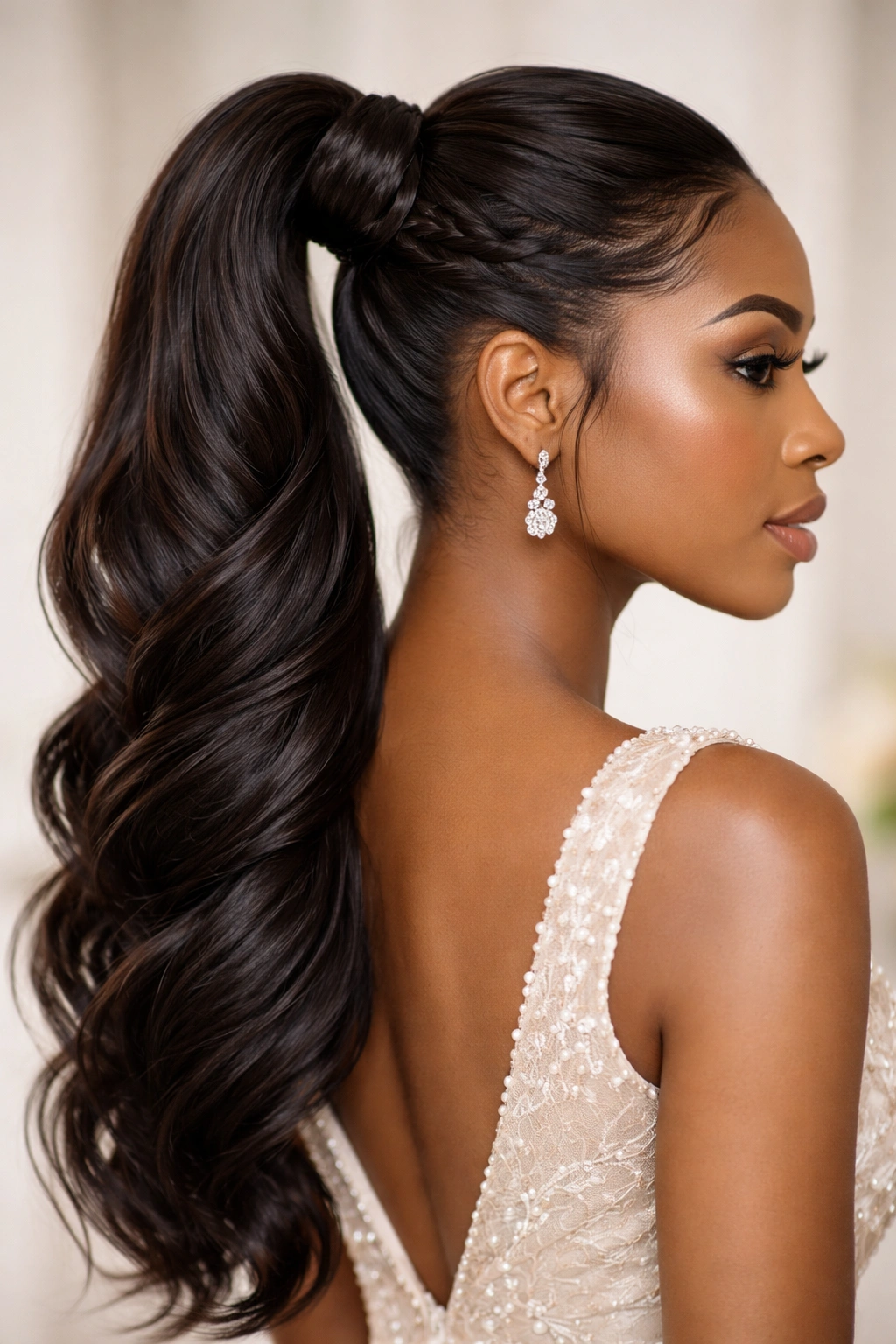 High ponytail with twisted and braided wrap around the base