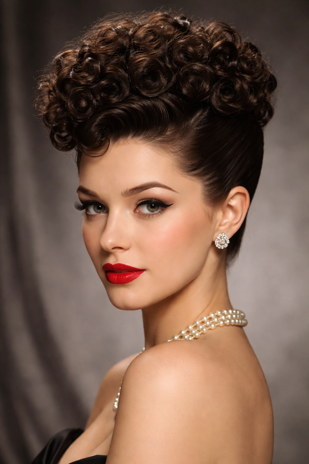 Poodle cut hairstyle with high curls and slicked sides