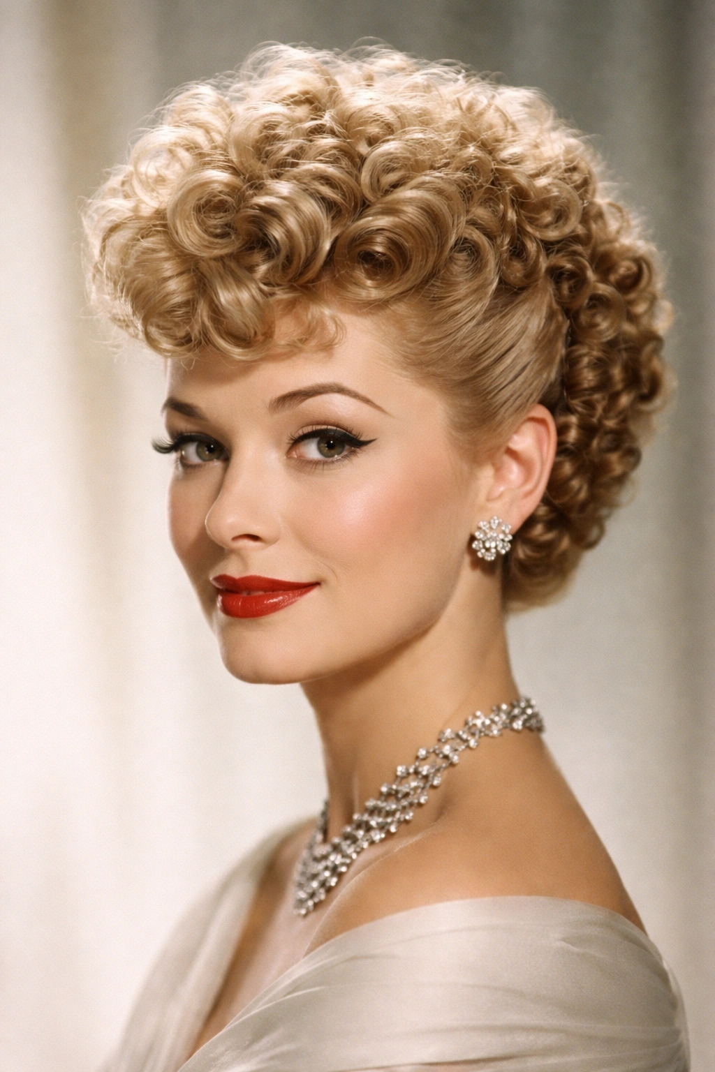 Close-up of a woman with a poodle-cut hairstyle with stacked crown curls and pinned sides