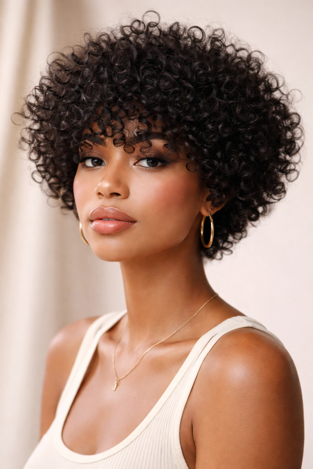 Close-up of a poodle cut with dense coily bangs forming a cloud-like silhouette