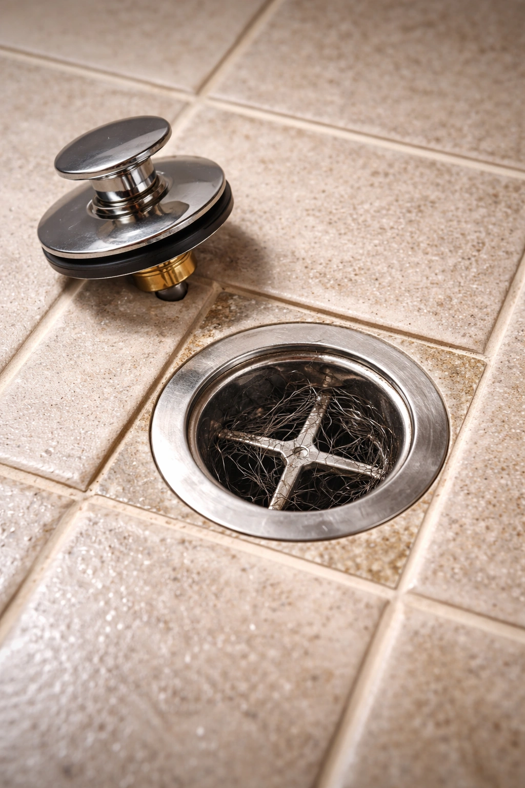 Shower drain with pop-up stopper removed, showing the drain opening