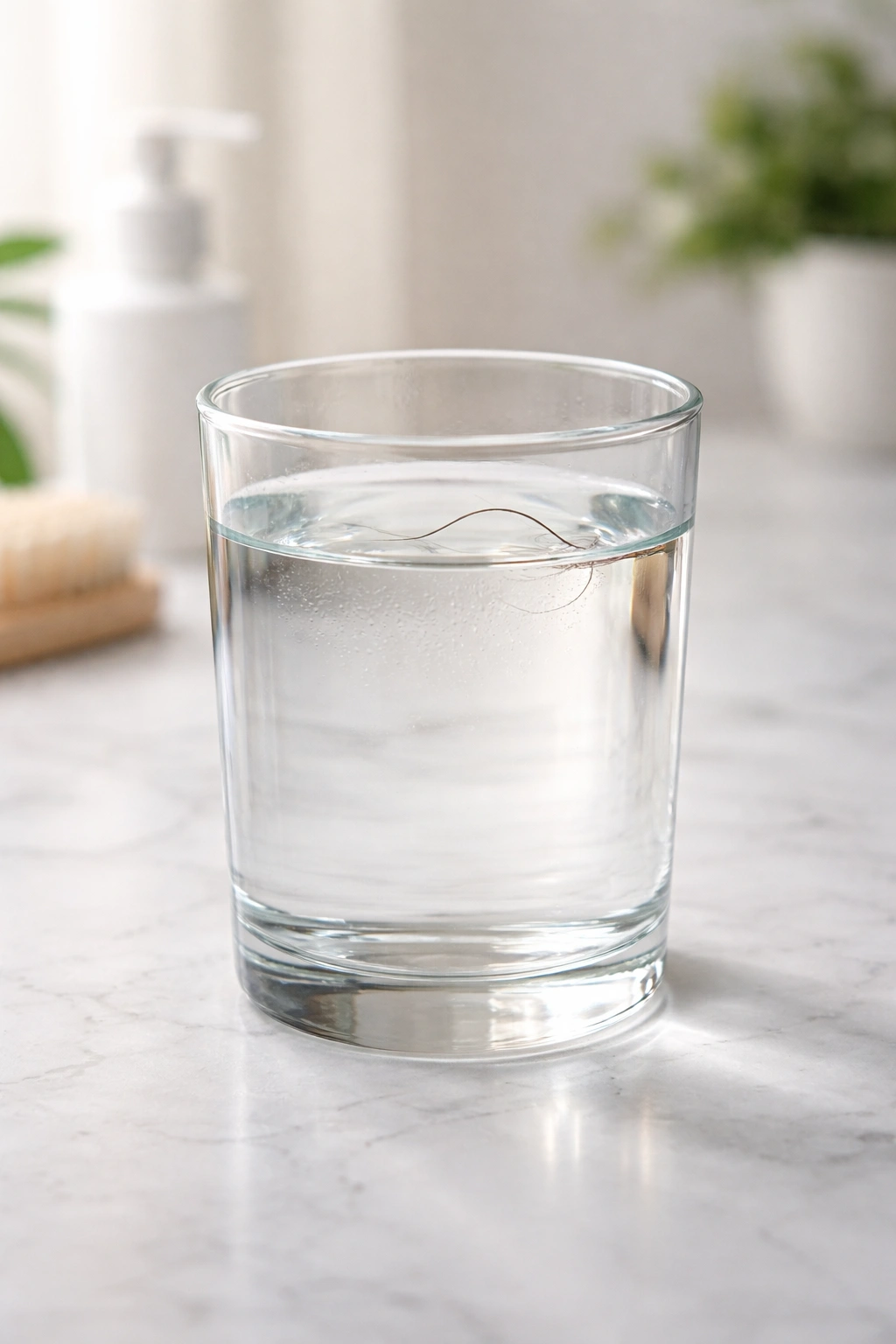 Glass of water with a lone hair strand floating near the surface for porosity testing.