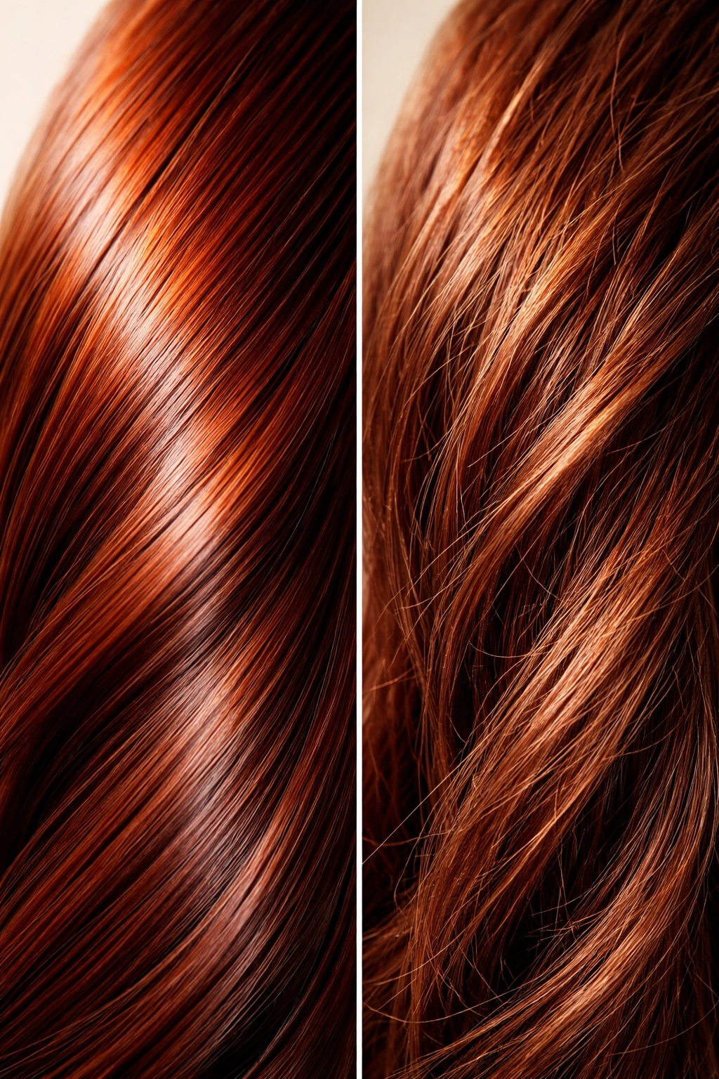 Two hair strands showing color on different textures to suggest porosity effects