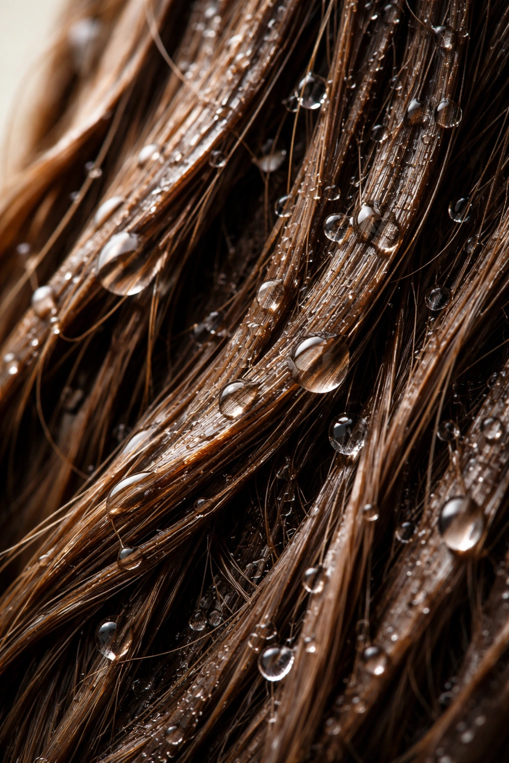 Damp hair with moisture pockets and lifted cuticles in macro shot
