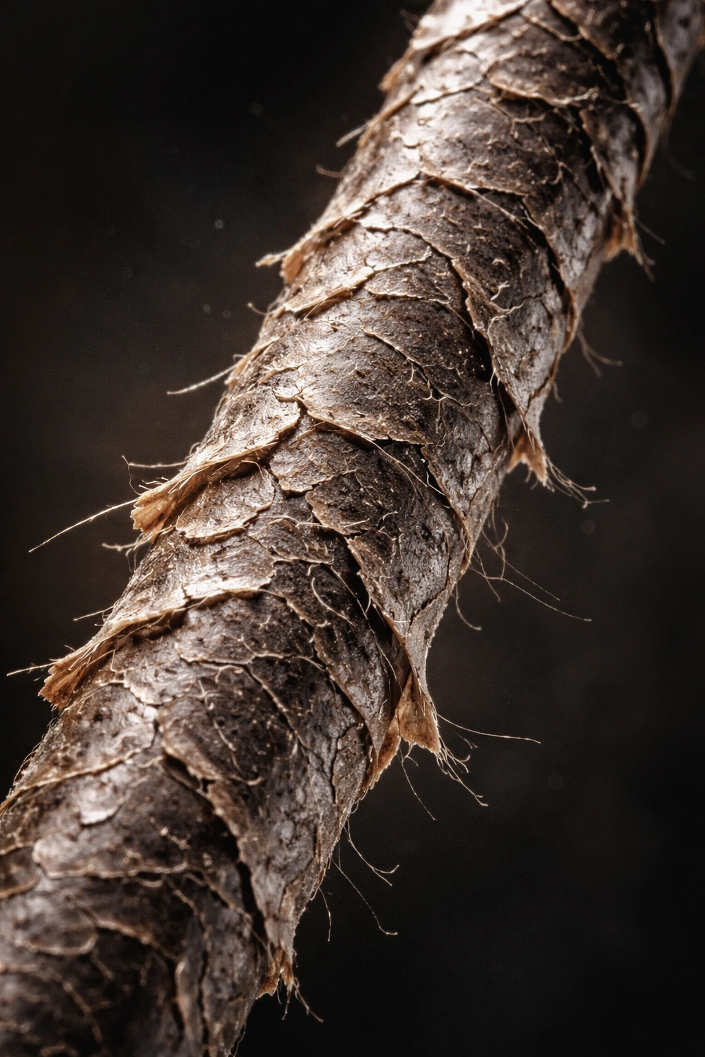 Macro shot of a hair strand with lifted cuticles and damage