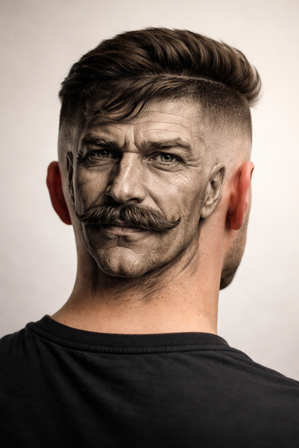Back of head with a detailed portrait silhouette carved into hair.