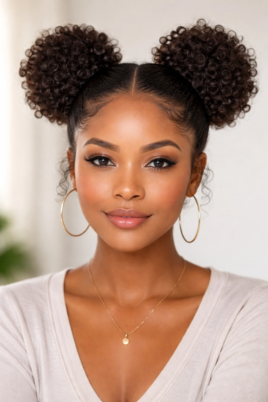 Two symmetrical curly buns on the crown with voluminous texture