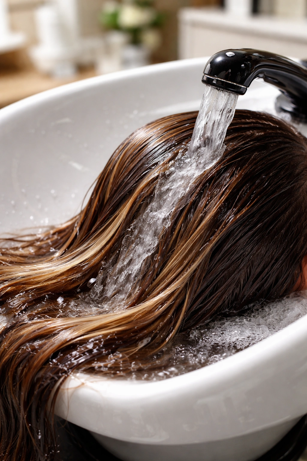 Hair being washed at salon shampoo bowl after color treatment